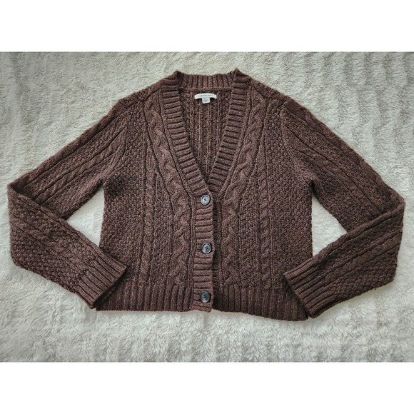 Y2K American Eagle Women's XS Brown V-Neck‎ Cable-Knit Button Front Cardigan - Picture 2 of 7
